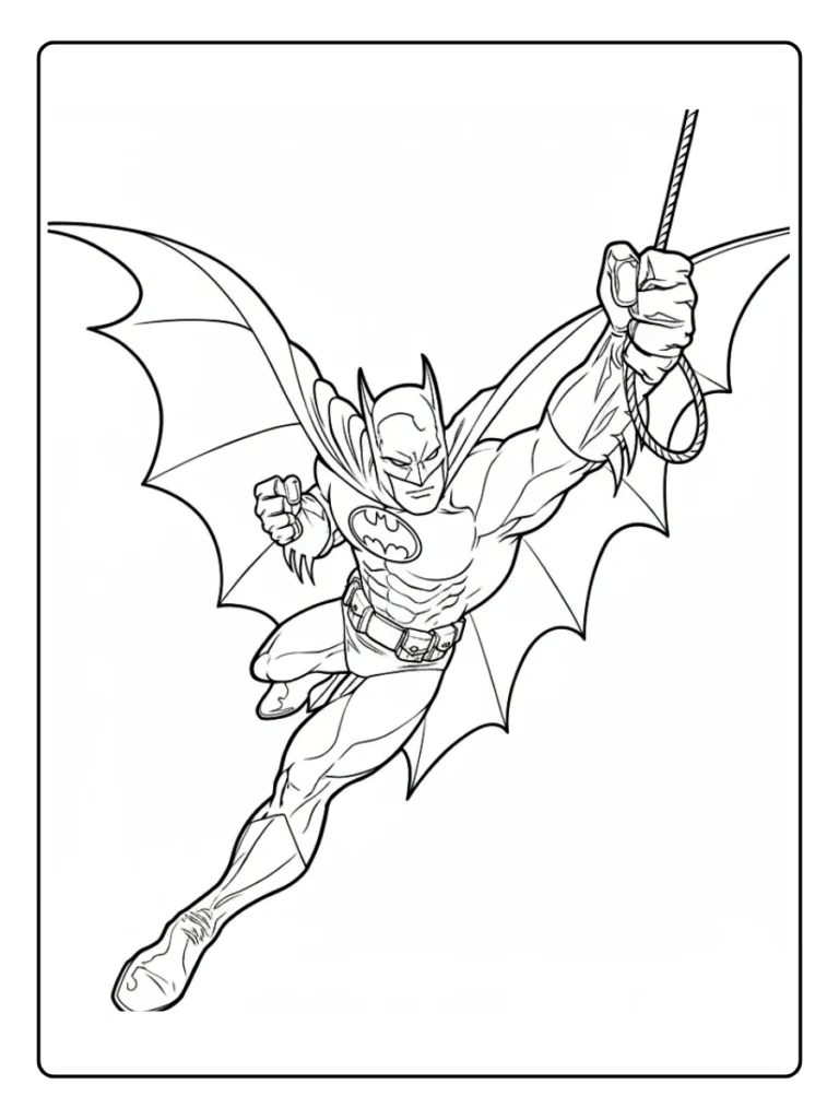 Batman swinging on a rope coloring page.