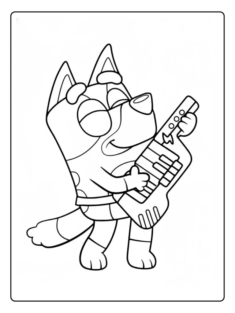 Bluey playing keytar coloring page, musical dog character line art.
