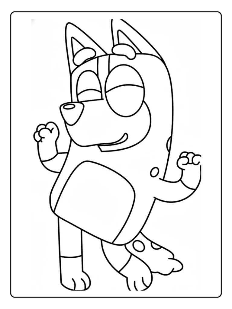 Bluey relaxing coloring sheet, puppy with eyes closed and smiling.