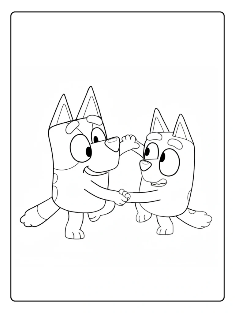 Bluey and Bingo dancing coloring page, sister pups holding hands.
