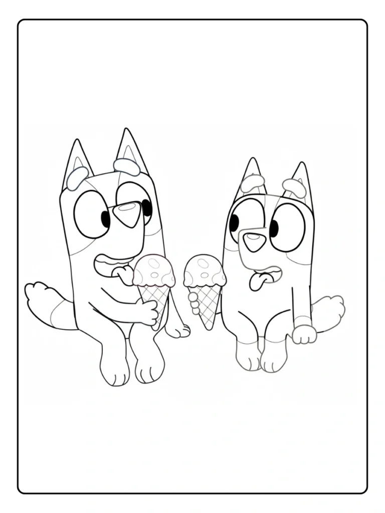 Bluey and Bingo eating ice cream coloring sheet, pups with cones.