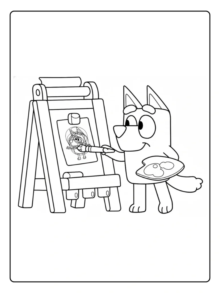 Bluey painting coloring sheet, puppy artist at an easel.