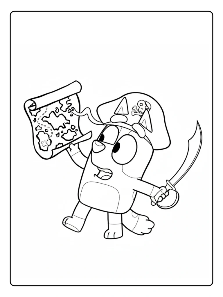 Pirate Bluey coloring page, puppy with hat, sword, and treasure map.