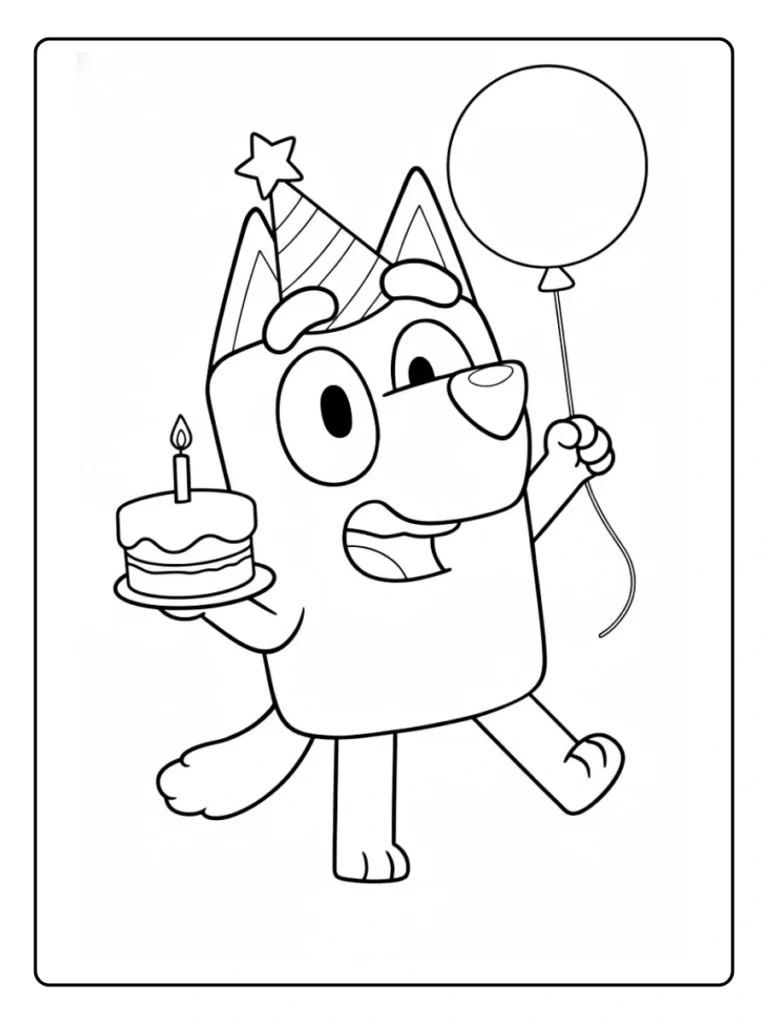 Bluey birthday coloring page, puppy holding a cake and balloon.