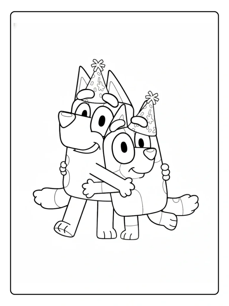 Bluey and Bingo hugging coloring sheet, sister pups showing affection.