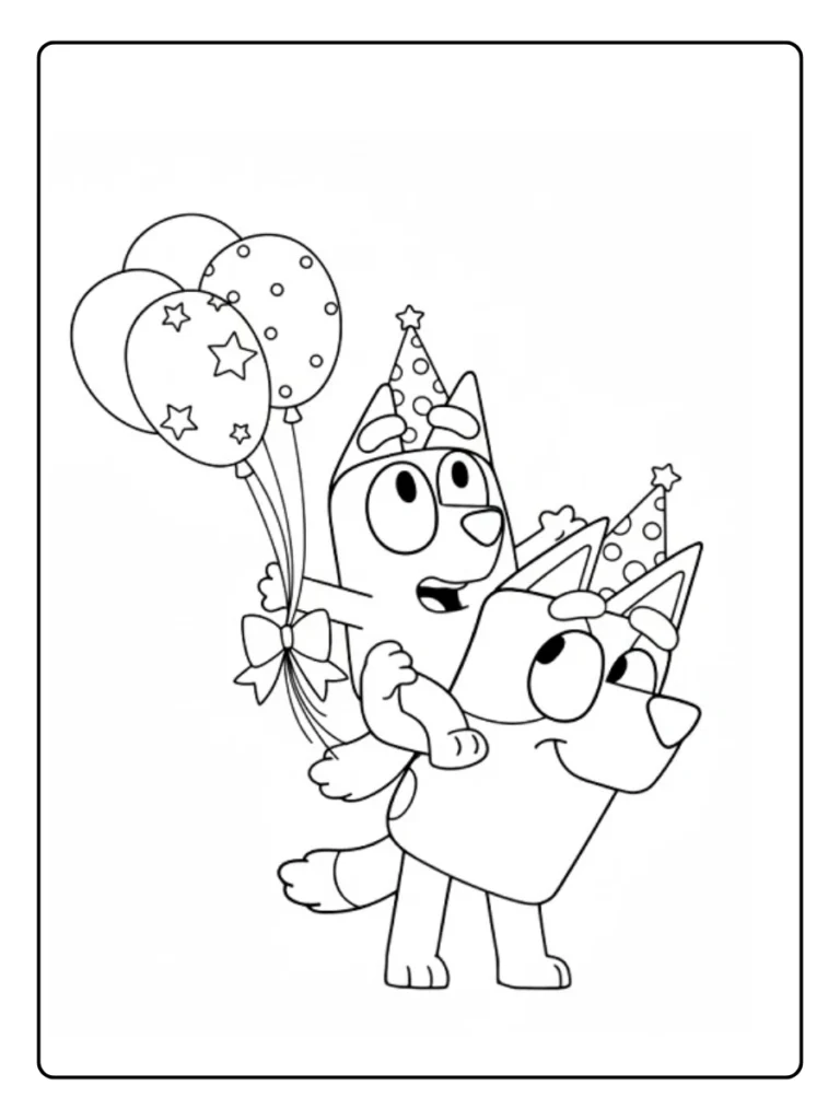 Bluey and Bingo playing coloring page, pups with balloons and party hats.