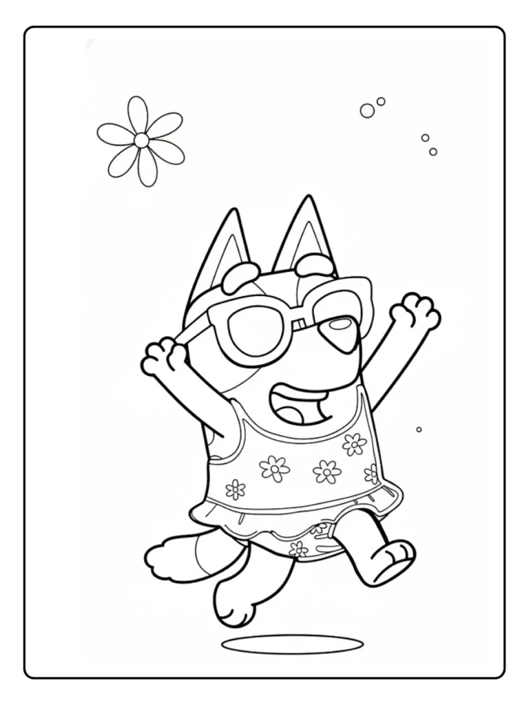Bluey in sunglasses coloring sheet, puppy dancing in a floral shirt.