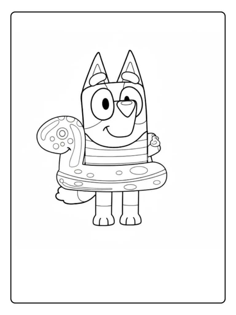 Bluey in inflatable ring coloring page, puppy ready for swimming.