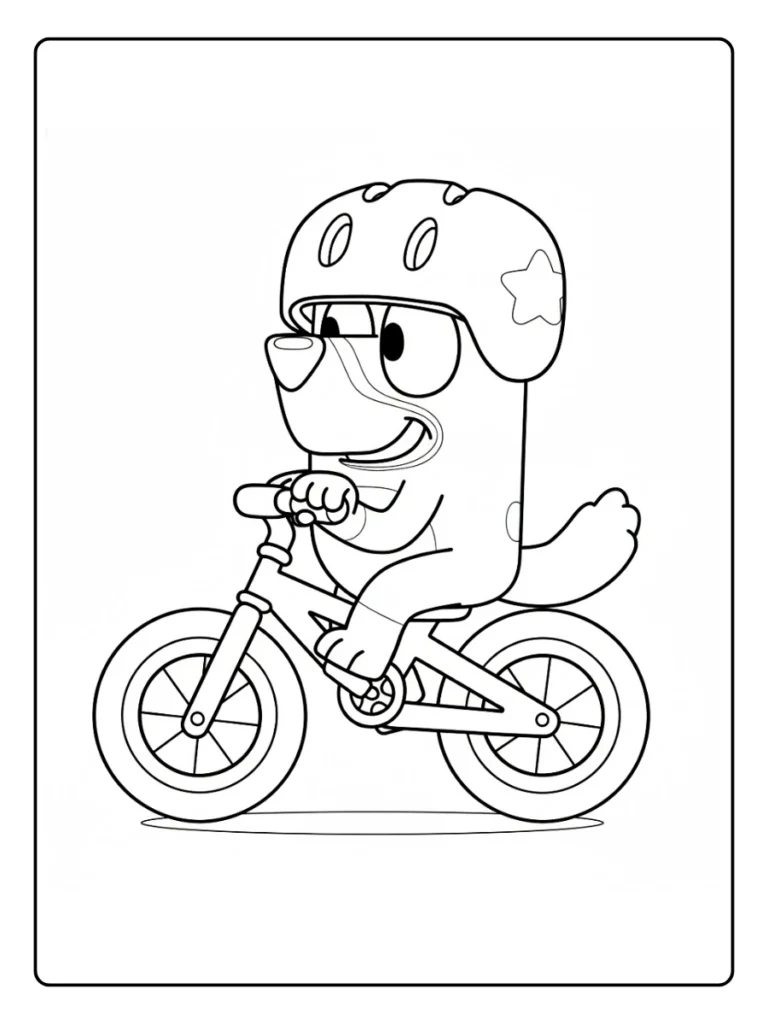 Bluey riding a bike coloring sheet, puppy wearing a safety helmet.