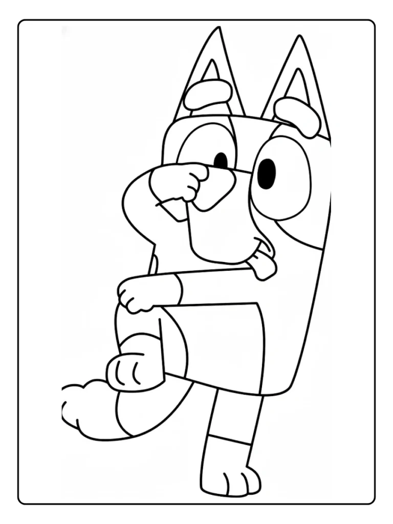 Bluey dancing coloring page, puppy doing a funny pose.