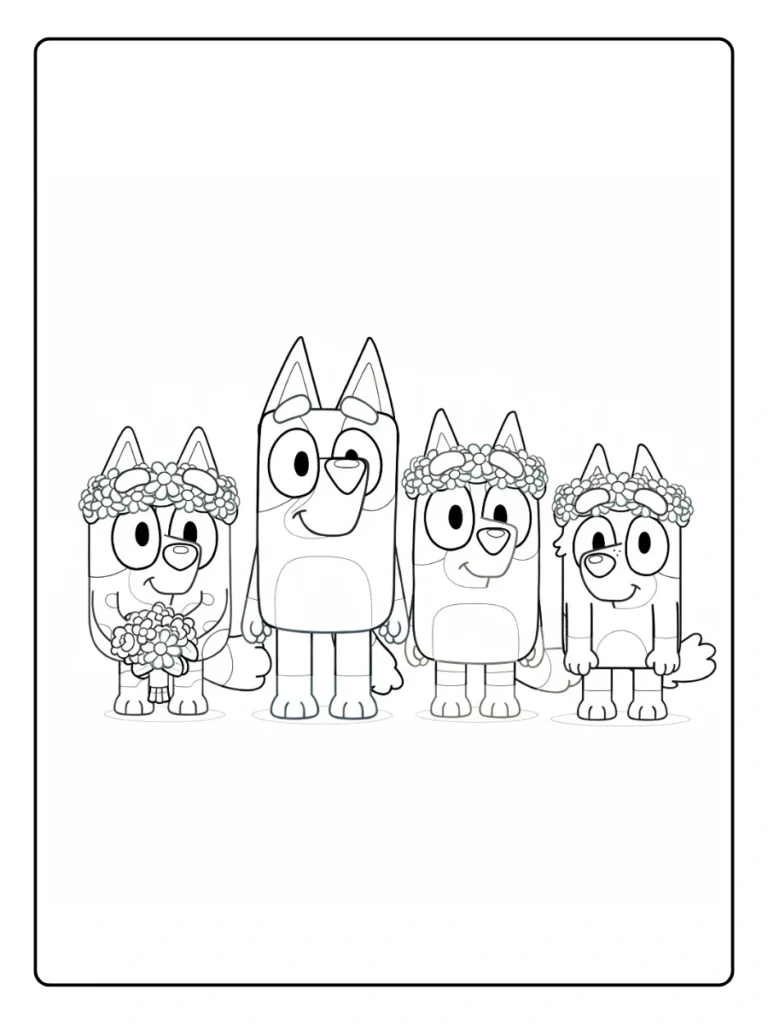 Classic Bluey family portrait coloring page, Heelers standing in a row.