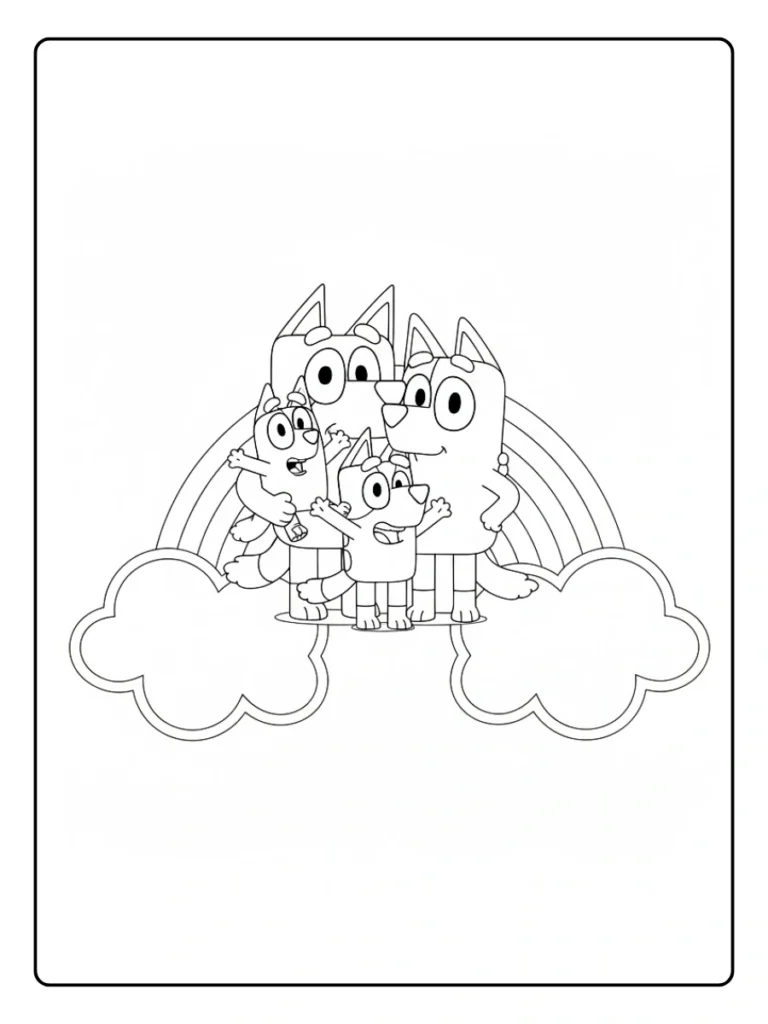 Bluey family rainbow coloring sheet, Heelers under a large rainbow.