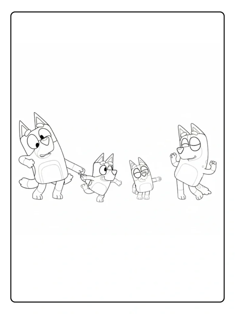Bluey family dancing coloring page, Heelers doing a group dance.