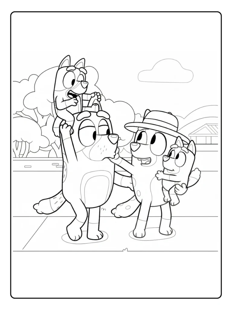 Bluey family camping coloring sheet, Heelers on an outdoor adventure.