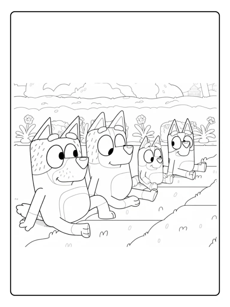 Bluey family picnic coloring page, Heelers sitting on a blanket.