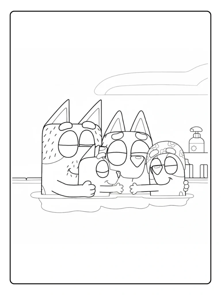 Bluey family in the pool coloring page, Heeler family swimming together.