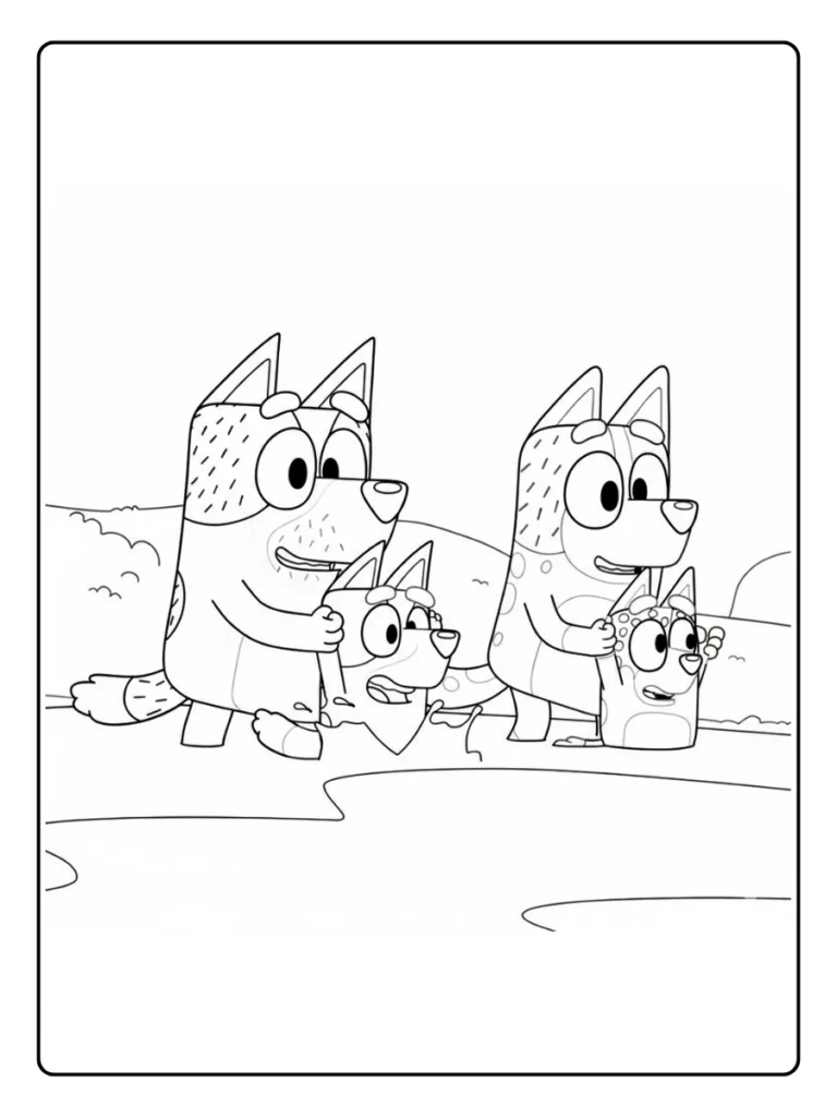 Bluey family at the beach coloring sheet, pups playing in the sand.