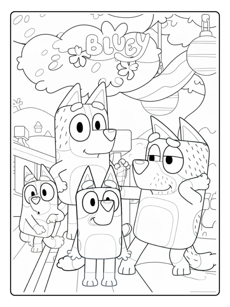 Bluey family hiking coloring sheet, Heeler family on an outdoor trail.