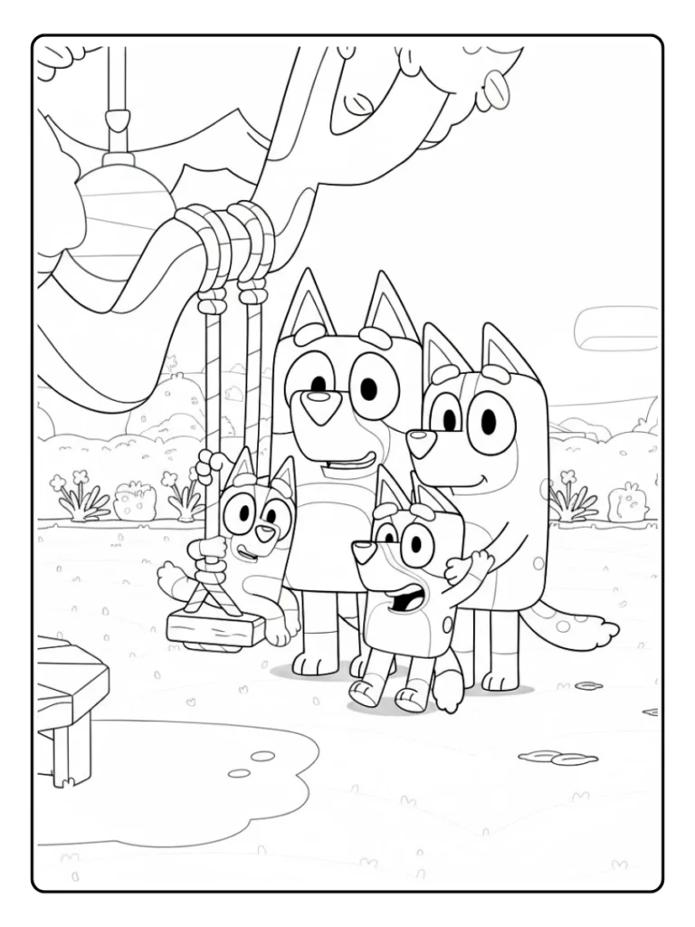 Bluey family park day coloring page, Heelers standing by a bench.