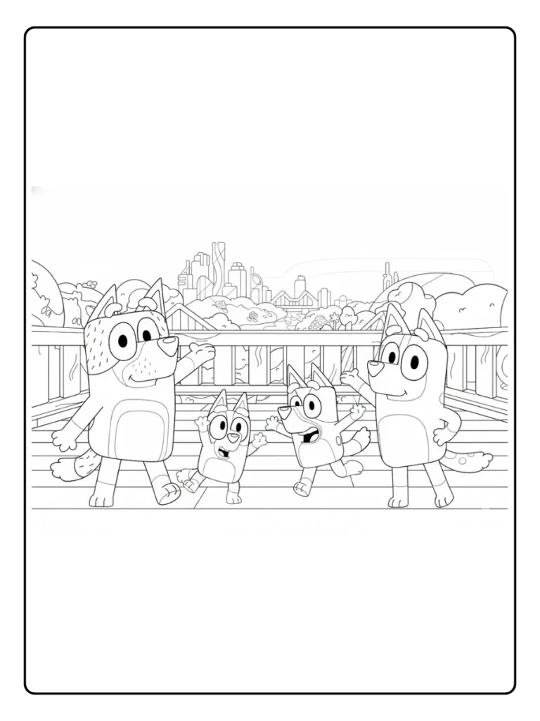 Bluey family balcony coloring sheet, Heelers waving from a deck.