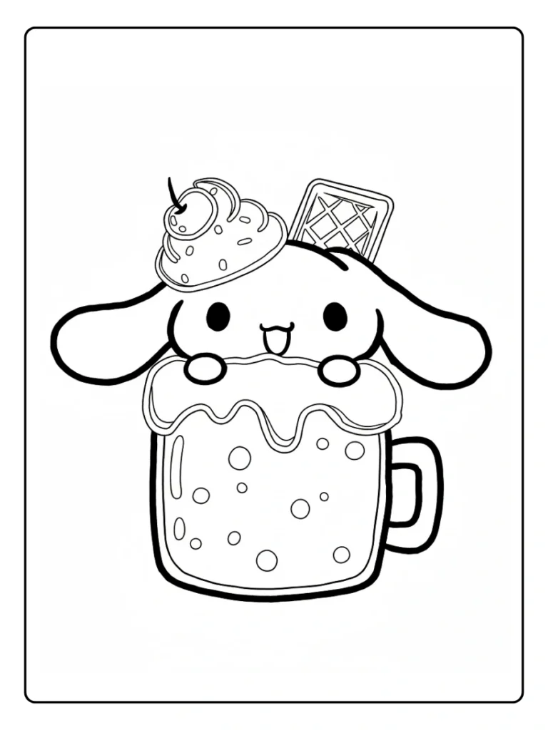 Cinnamoroll in a teacup coloring sheet, puppy inside a giant mug.