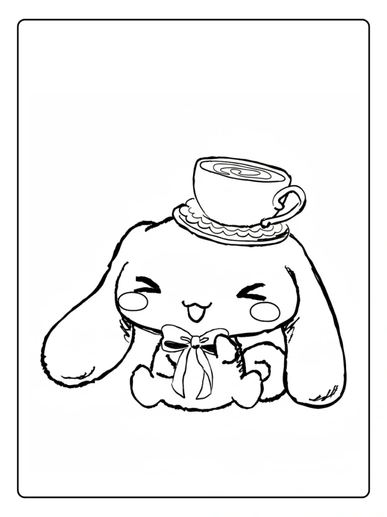 Cinnamoroll with tea hat coloring page, puppy wearing a teacup.
