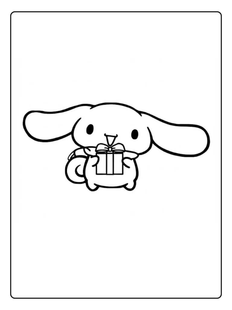 Cinnamoroll with gift box coloring page, puppy holding a present.