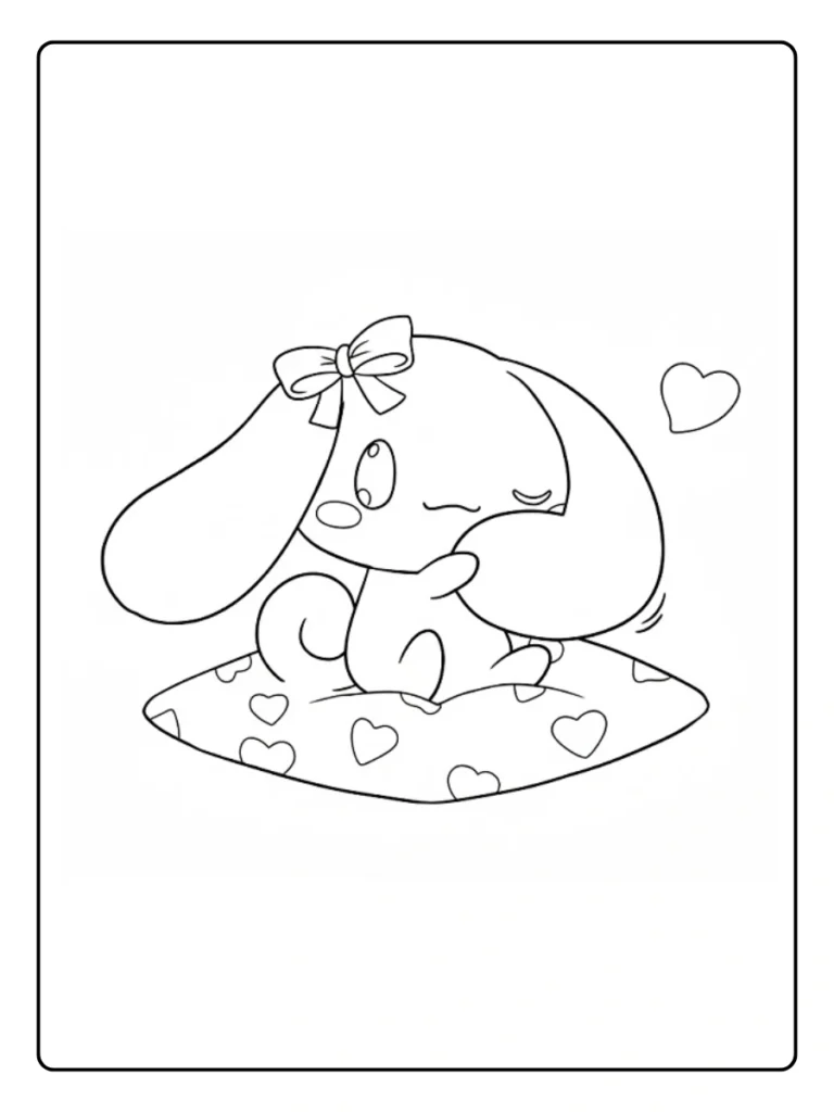 Cinnamoroll on a heart pillow coloring sheet, puppy resting.