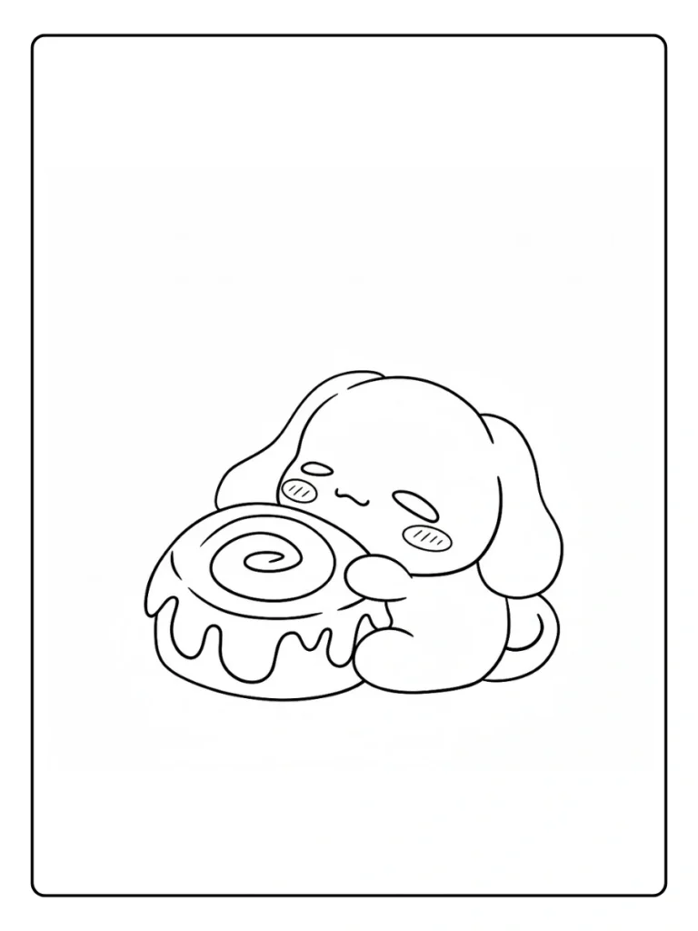 Cinnamoroll hugging cinnamon roll coloring page, puppy with a pastry.
