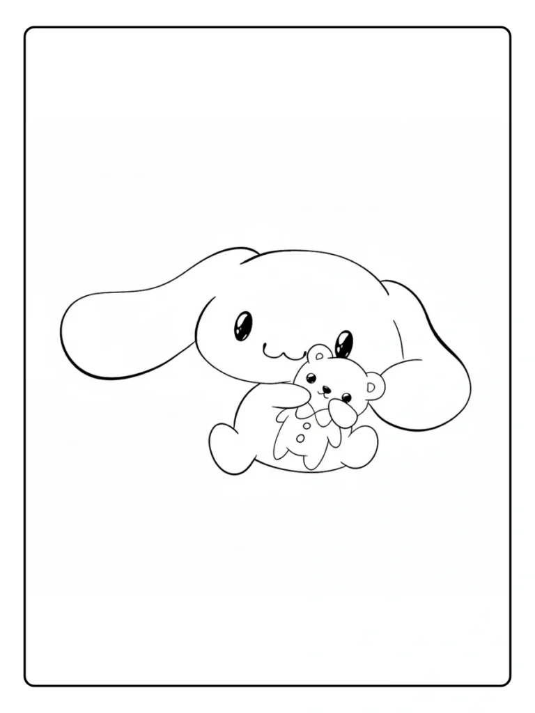 Cinnamoroll holding teddy bear coloring page, cute puppy hugging a toy.
