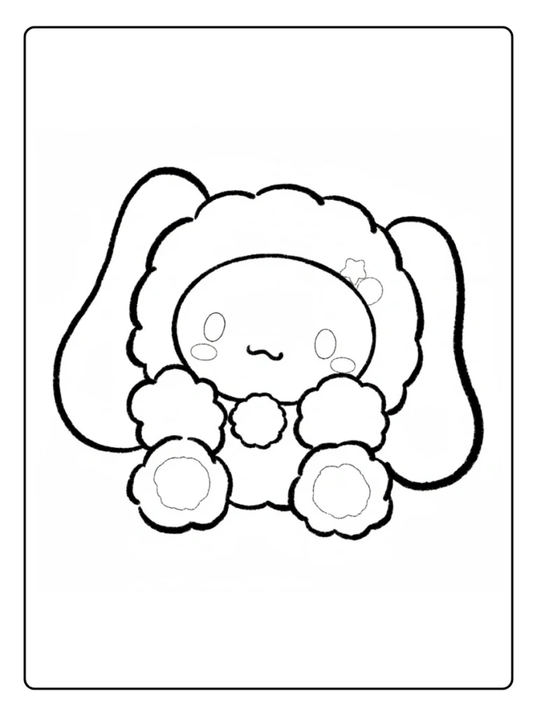 Cinnamoroll in bear suit coloring page, character wearing a fuzzy hood.