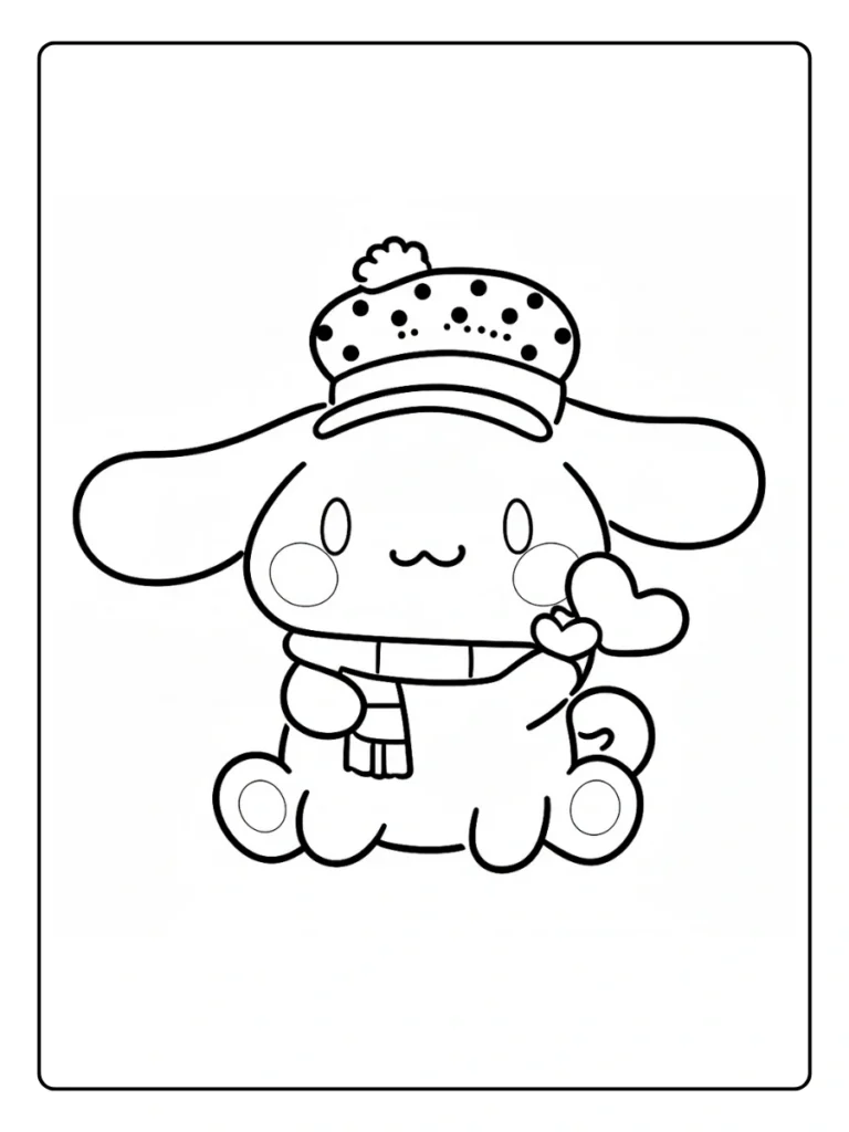 Winter Cinnamoroll coloring sheet, puppy wearing a hat and scarf.
