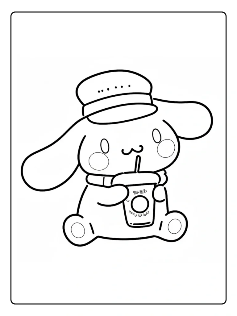 Cinnamoroll drinking boba coloring page, puppy with a bubble tea cup.