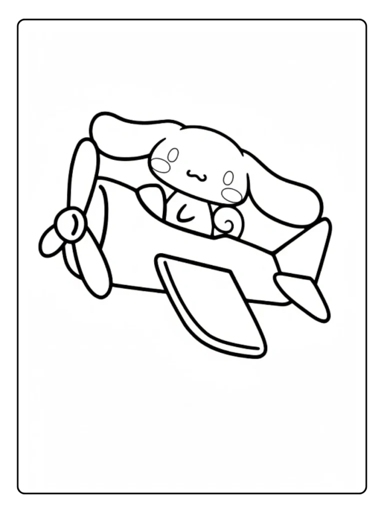 Pilot Cinnamoroll coloring page, character flying a propeller plane.