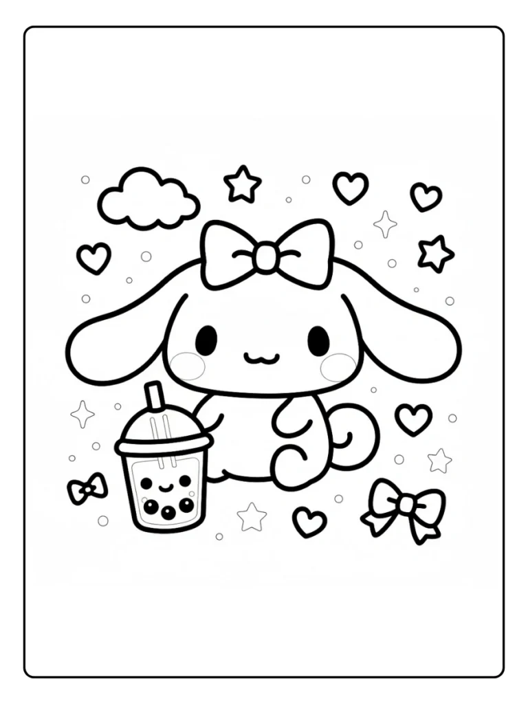Cinnamoroll with boba and stars coloring sheet, cute character scene.