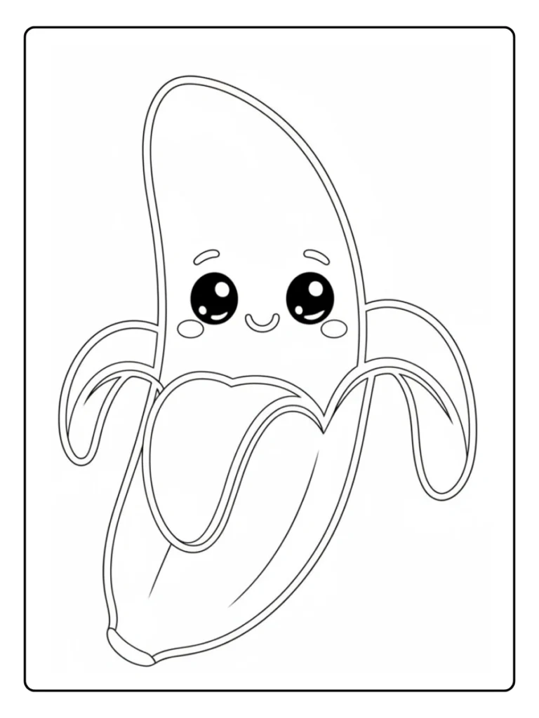Cute banana coloring page, kawaii fruit character with a happy face.
