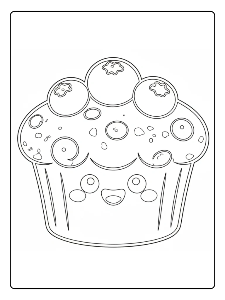 Kawaii muffin coloring page, cute cupcake with blueberry toppings.