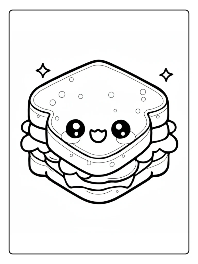 Cute sandwich coloring sheet, kawaii layered club sandwich.