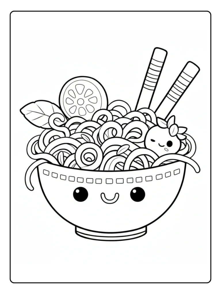 Kawaii ramen bowl coloring page, cute noodle soup with chopsticks.
