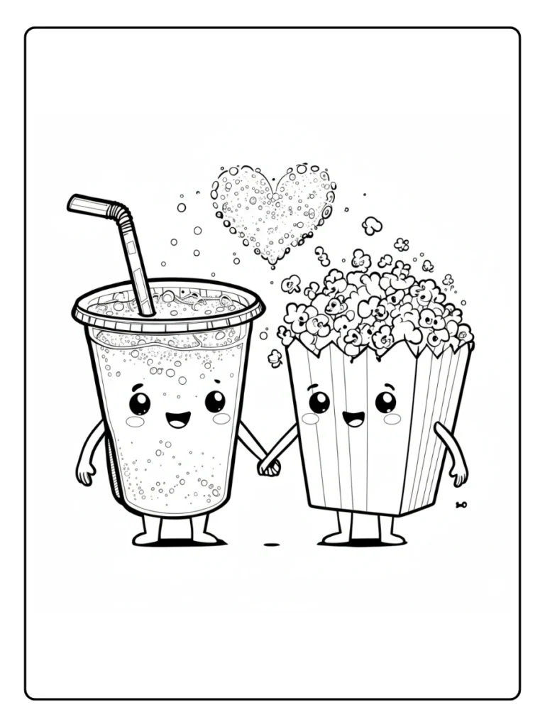Cute soda and popcorn coloring sheet, movie snack pair holding hands.