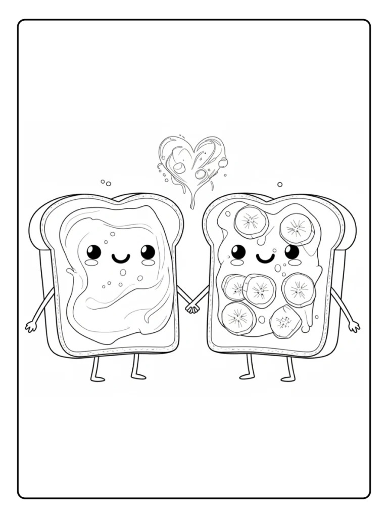 Cute toast and jam coloring sheet, two slices of bread together.