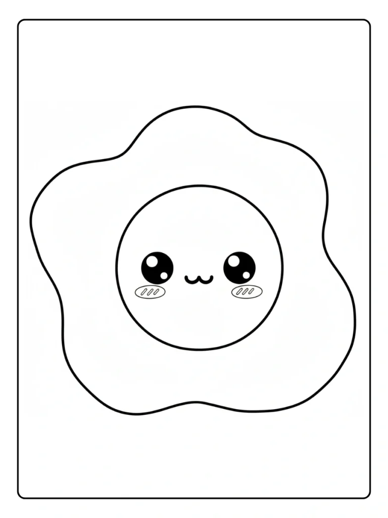 Kawaii fried egg coloring sheet, cute breakfast food character.