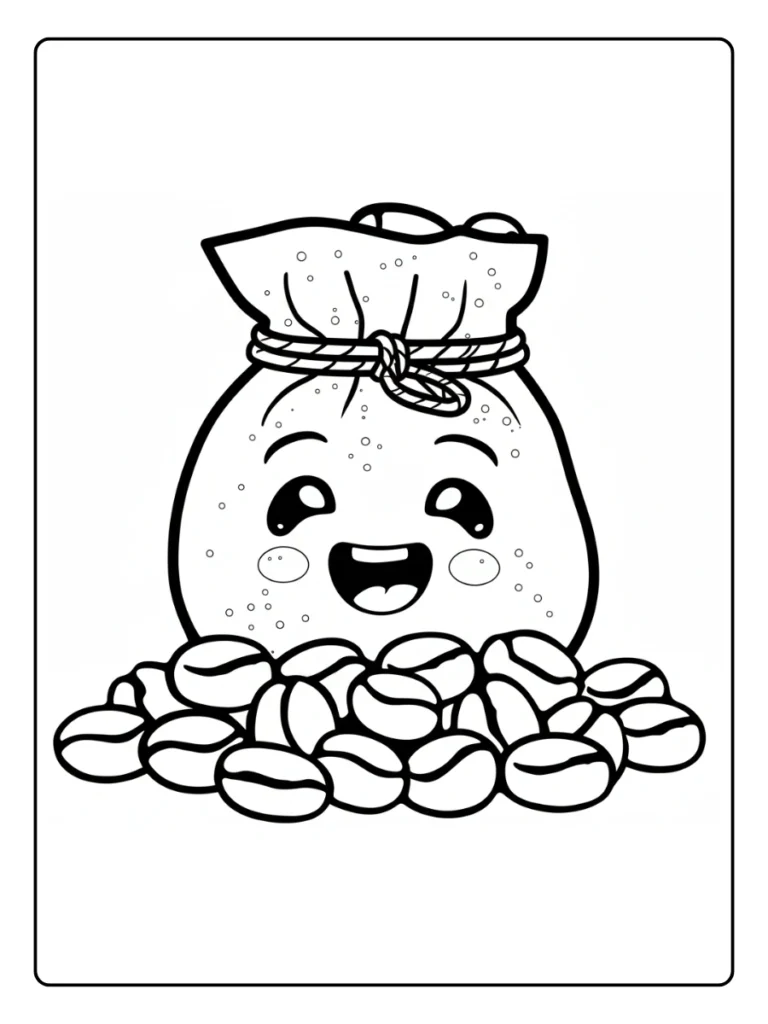 Happy coffee beans coloring page, cute bag of beans character.
