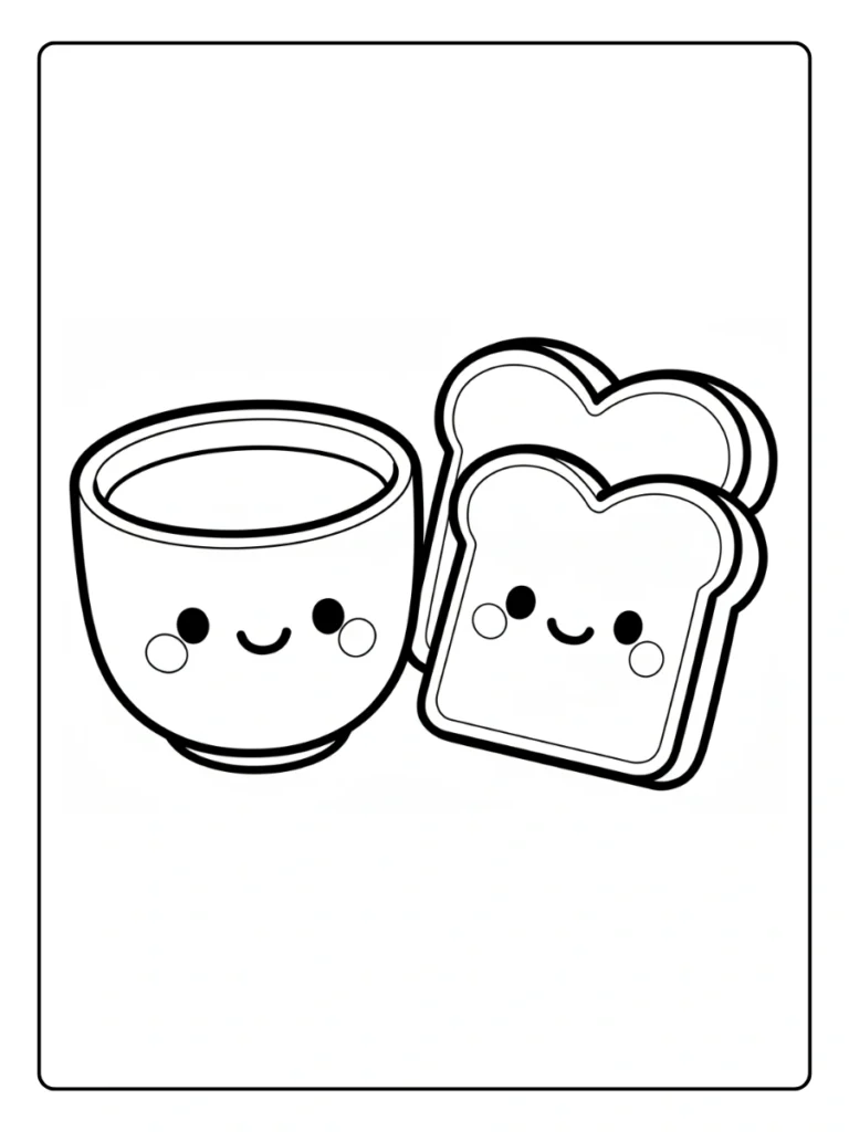 Cute coffee and toast coloring sheet, breakfast pair with happy faces.