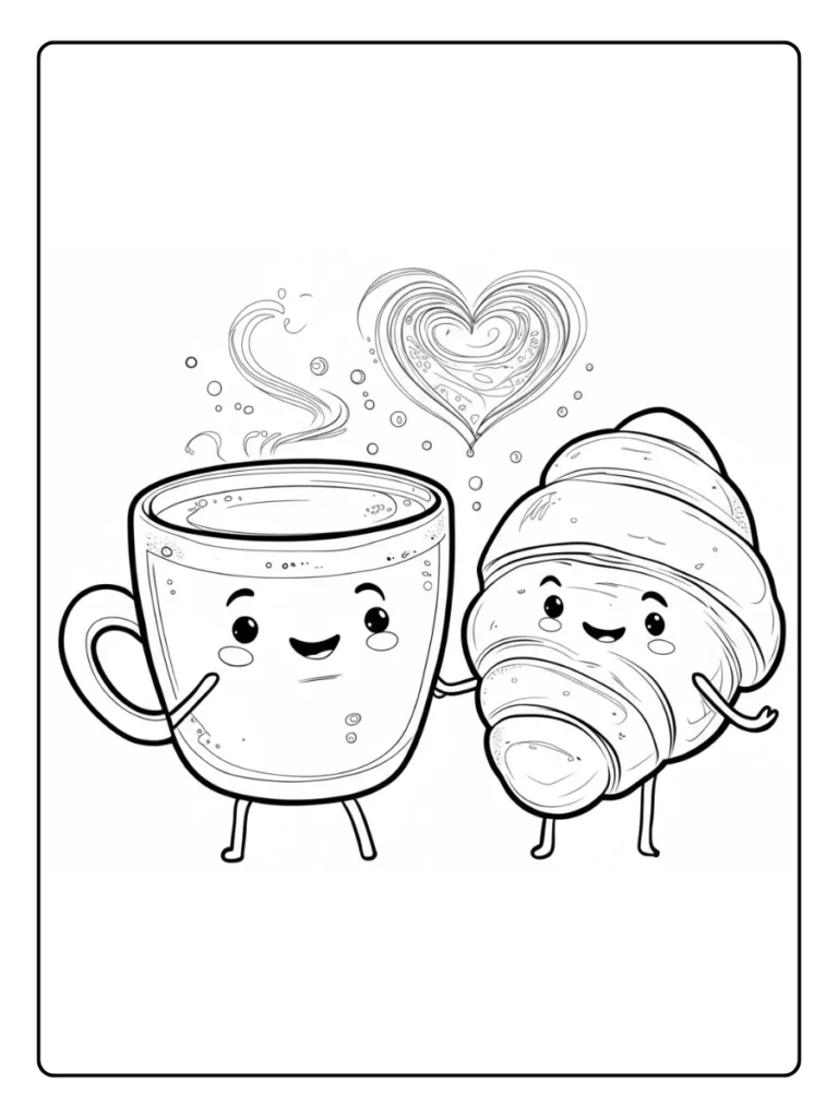 Cute croissant and coffee coloring sheet, French breakfast pair.