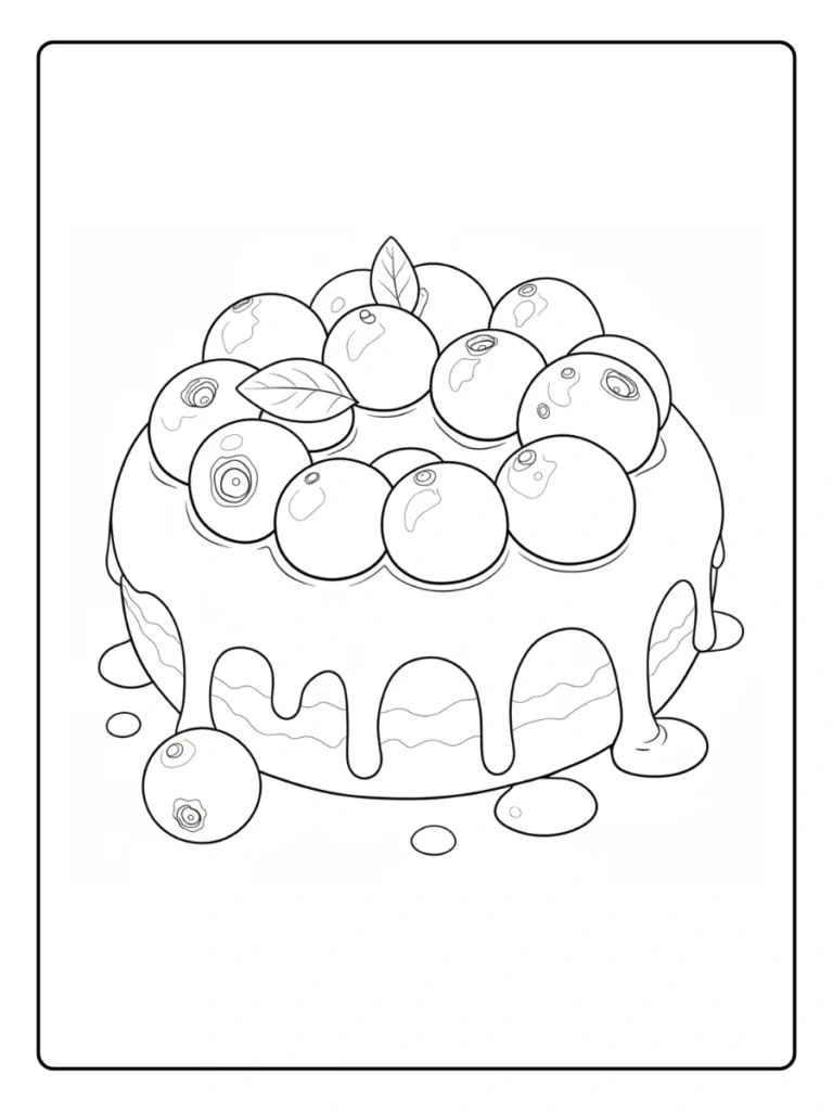 Cherry and berry donut coloring page, dessert with thick dripping sauce.