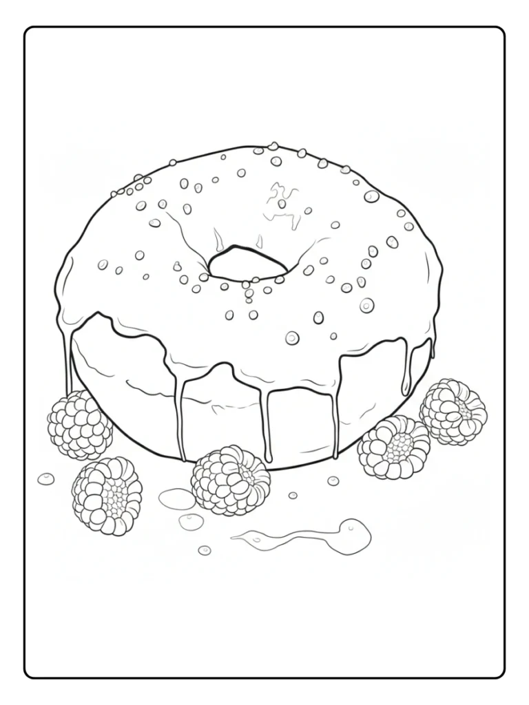 Raspberry donut coloring sheet, dessert surrounded by fresh berries.