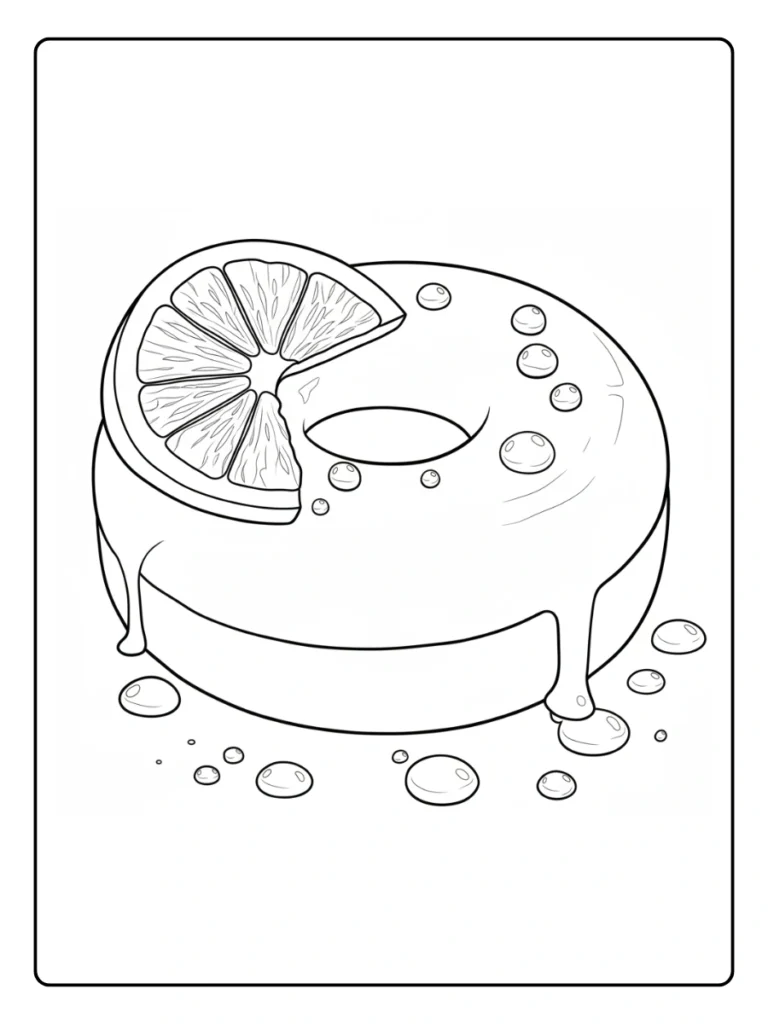 Orange glazed donut coloring page, dessert with fruit and liquid drops.
