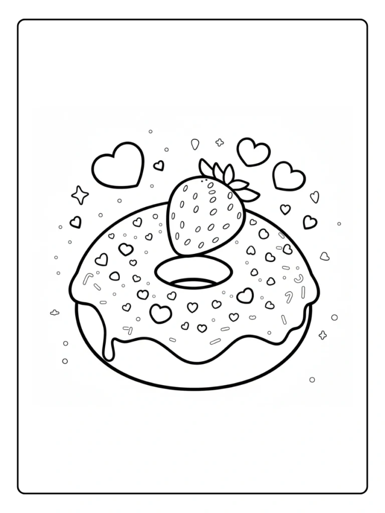 Strawberry donut coloring sheet, cute dessert with hearts and sprinkles.