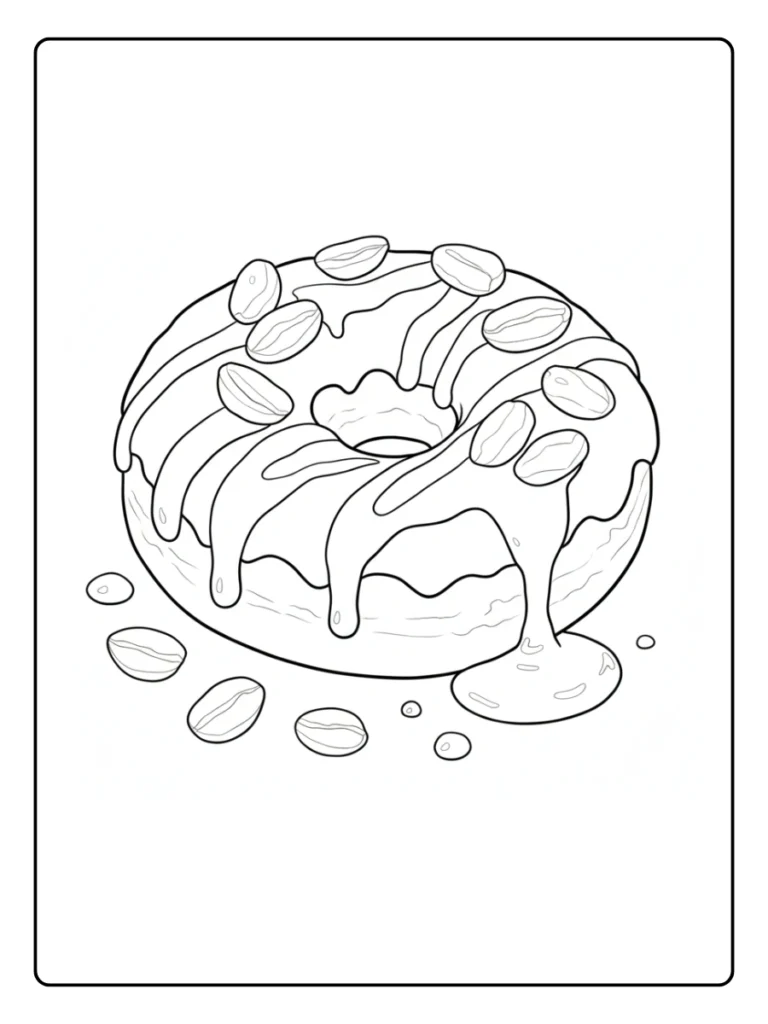 Almond donut coloring page, dessert with nuts and striped icing.
